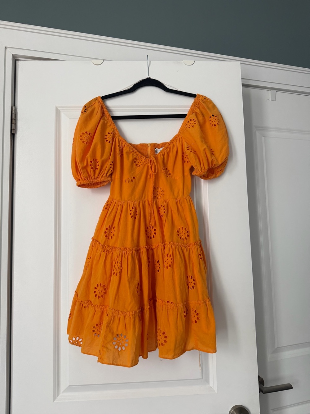 Zara Orange Eyelet Puff-Sleeve Tiered Mini Dress